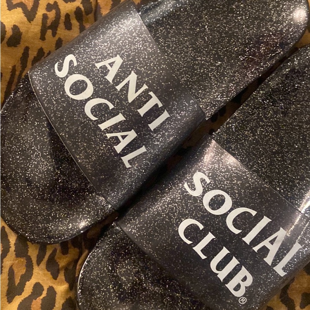 Black anti social social club, sandals, size 7